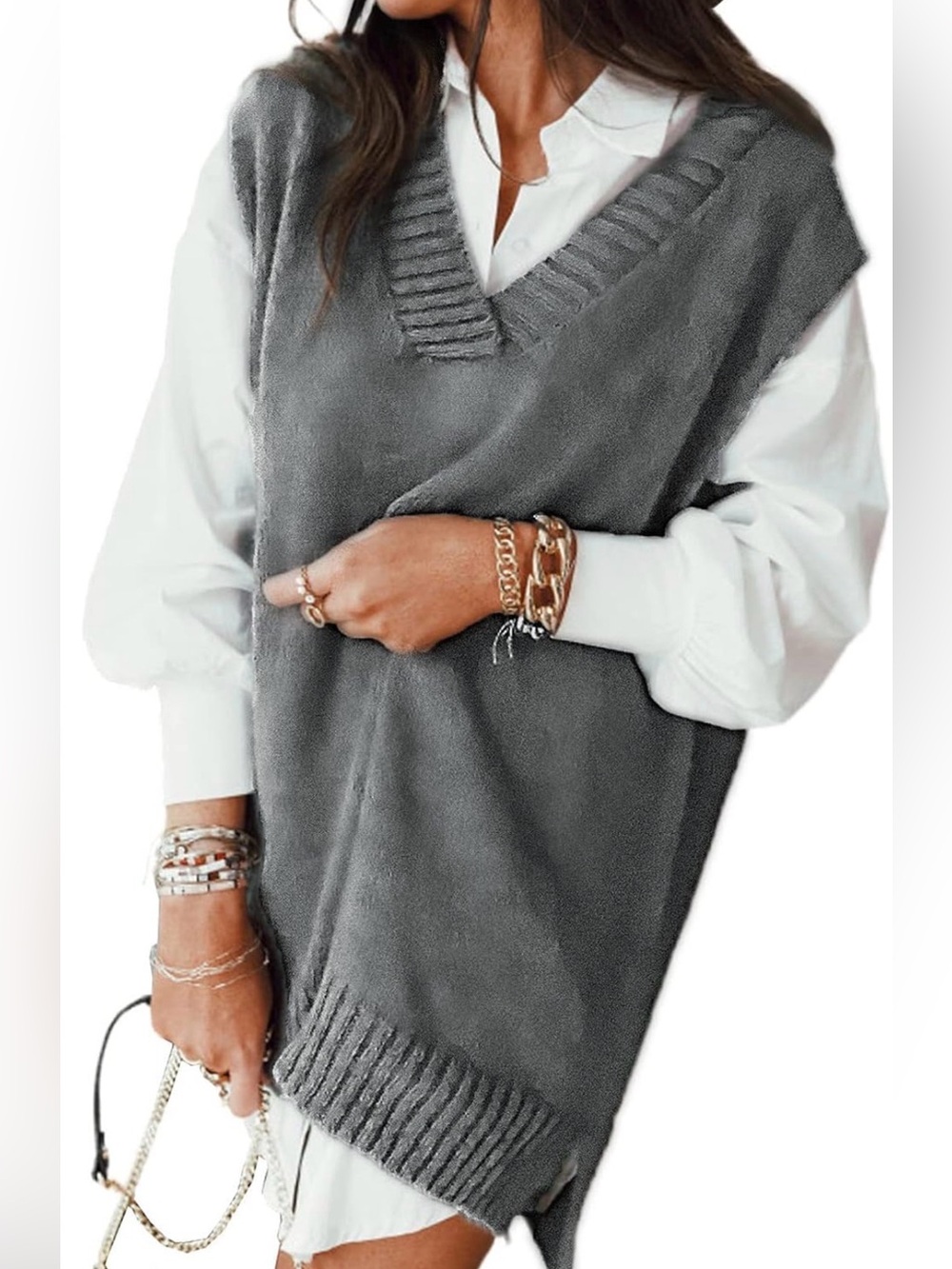 NWOT Oversized Gray V-Neck Knit Sweater Dress/Vest